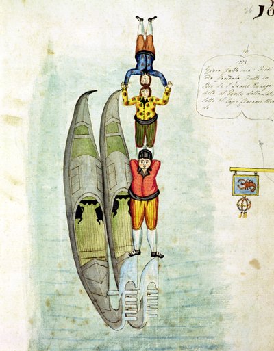 Three men balancing on two gondolas, 1772 by Italian School